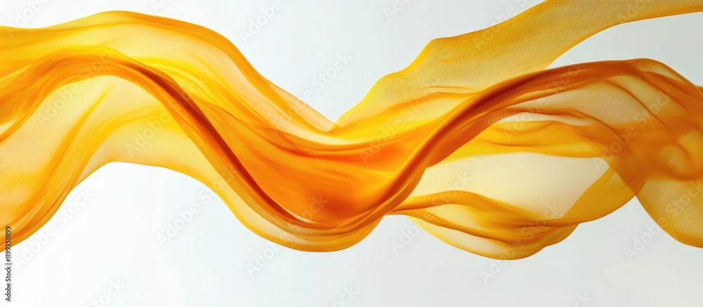 Poster translucent golden fabric gracefully flowing in the air against a clean white background with ample 