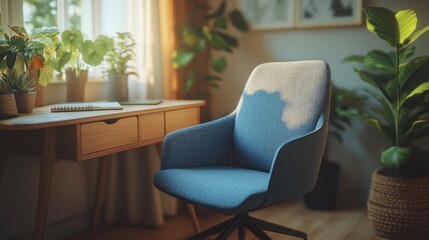 Cozy home workspace with a blue chair and plants bathed in warm sunlight during the afternoon. Generative AI