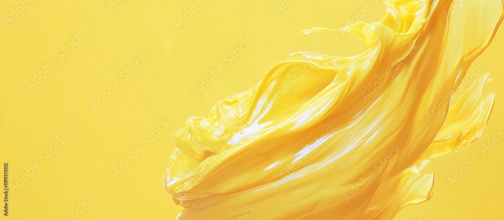 Poster dynamic stream of viscous liquid in vibrant yellow hue isolated on soft yellow background with ample