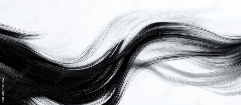 Poster dynamic flowing black hair texture on white background with empty space for creative text applicatio