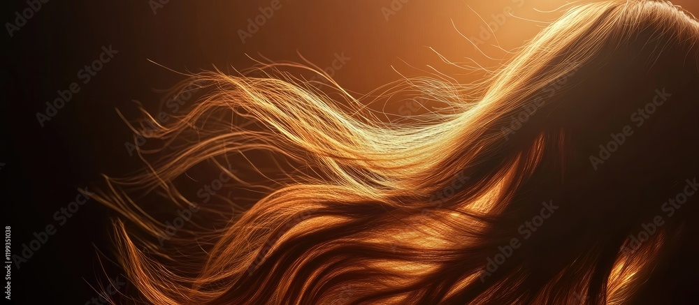 Poster flowing golden hair with natural texture illuminated by soft bright light on dark background with am