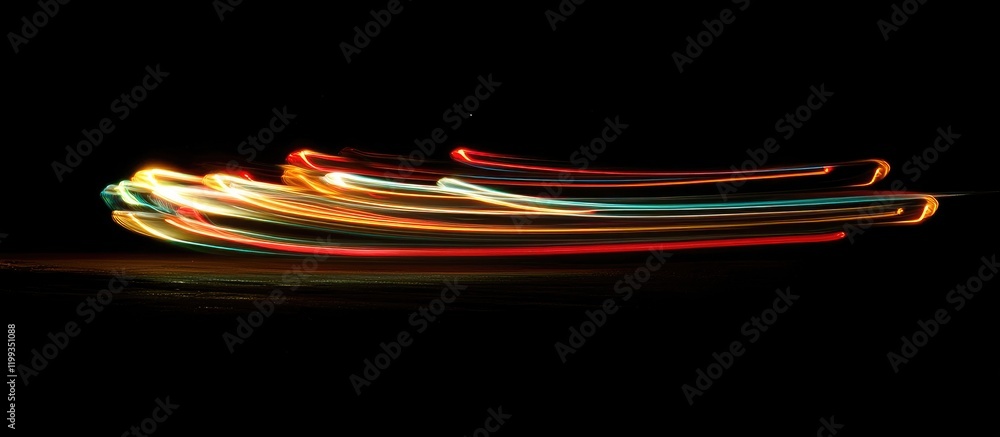 Poster colorful dynamic light trails on deep black background with ample blank space for custom text or mes