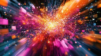 Obraz premium Colorful abstract explosion of light and shapes depicting energy and movement in digital art. Generative AI