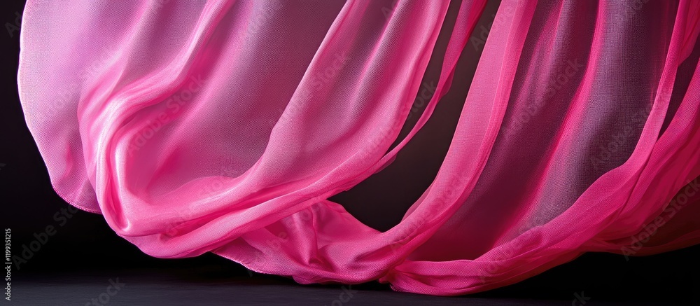 Poster elegant pink chiffon curtain gracefully swaying in the breeze against a dark backdrop with ample cop