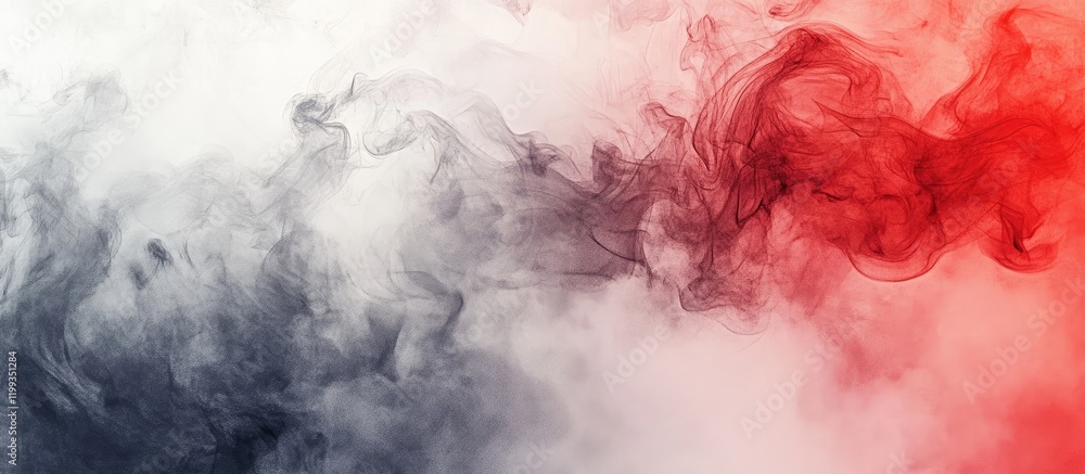 Poster dynamic flowing smoke in rich red and soft gray tones with ample negative space for text overlay in 