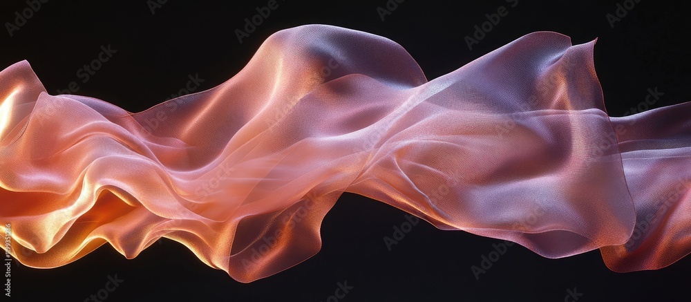 Poster softly illuminated flowing pink and peach silk fabric with abstract waving patterns against a dark b