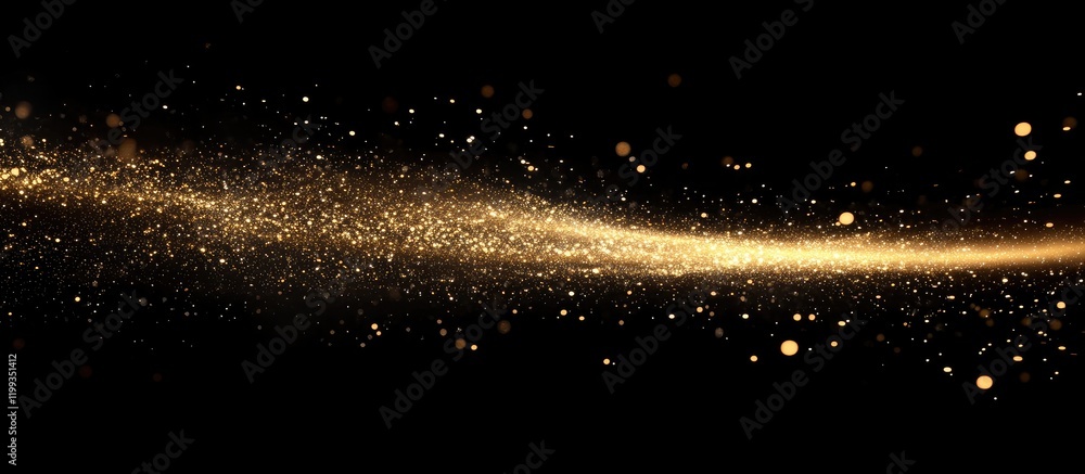 Poster golden flowing stream of light particles and streaks on black background with copy space for text in