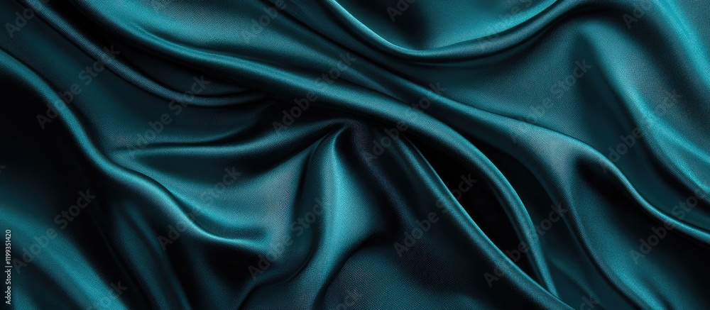 Poster teal silk fabric draping elegantly in soft waves against a dark background creating a luxurious text
