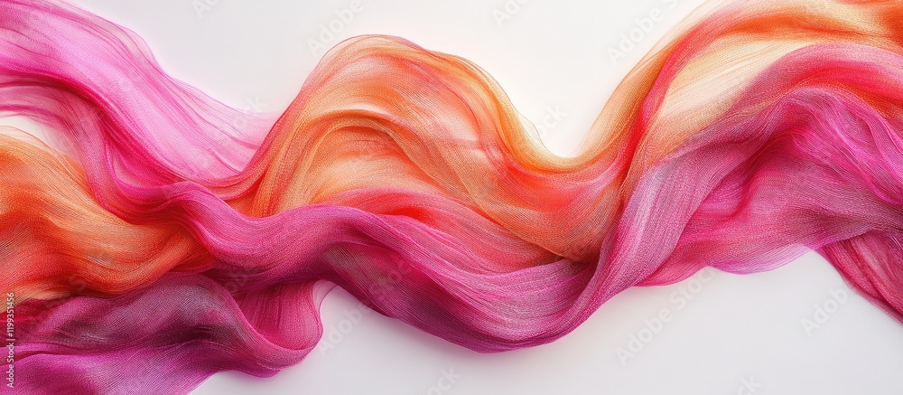 Poster vibrant flowing silk threads in shades of pink orange and white creating elegant loops on a soft bac