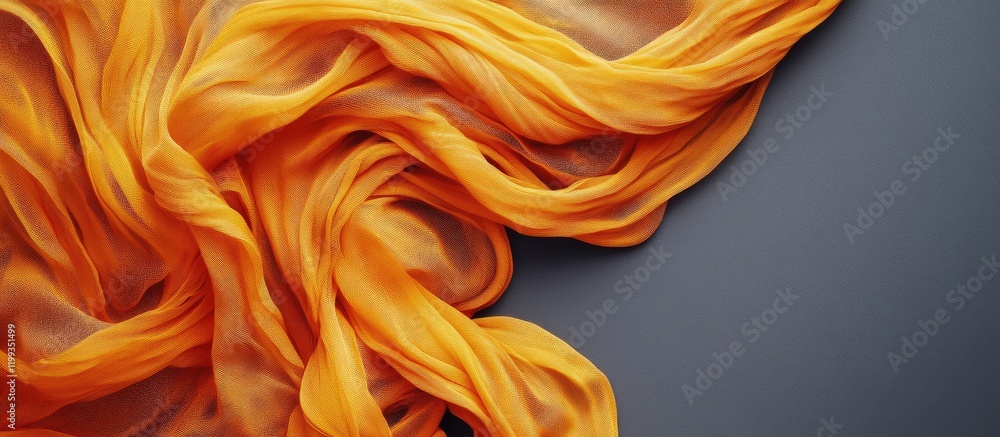 Poster elegant orange flowing fabric creating intricate twisted loops on a dark gray background with ample 