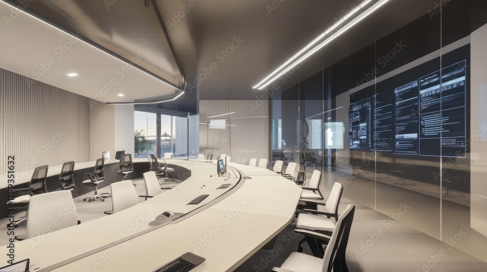 Poster 3d rendering of a futuristic command center conference room, featuring advanced technology and a cut