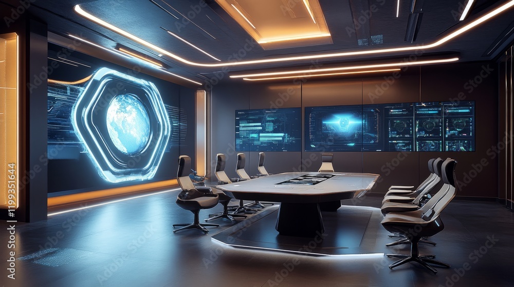 Poster 3d rendering of a command center conference room, featuring futuristic design elements and state-of-