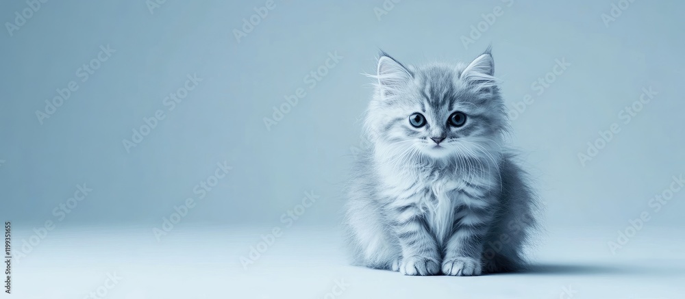 Poster fluffy gray kitten with expressive eyes on a soft blue background featuring ample empty space for te