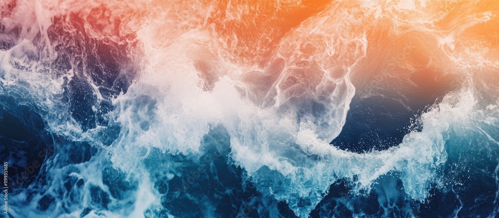 Poster vibrant ocean waves background featuring dynamic blue and orange tones with expansive copy space for