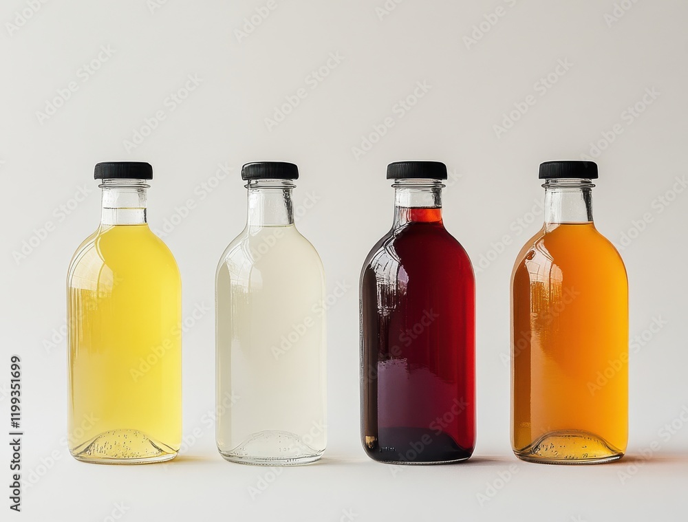 Poster a collection of four distinct glass bottles filled with colorful beverages on a minimalist backgroun