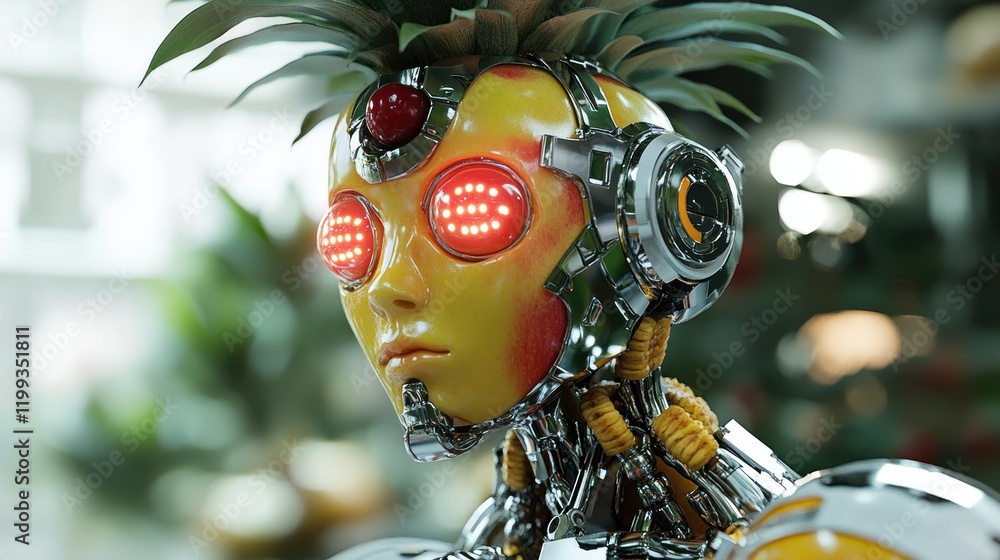 Poster futuristic robot with pineapple head and glowing eyes displays advanced technology in an urban setti
