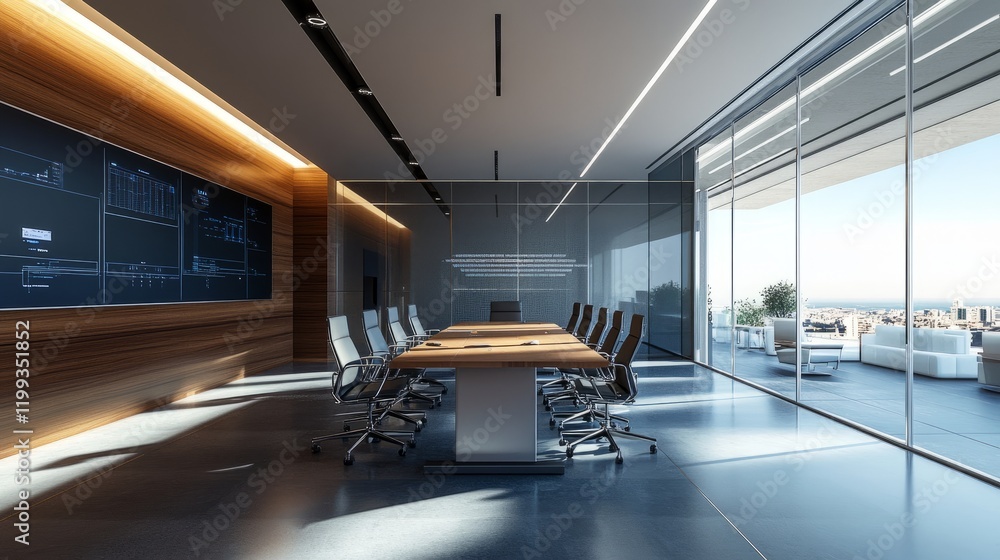 Poster 3d rendering of a futuristic command center conference room, featuring advanced technology and a cut
