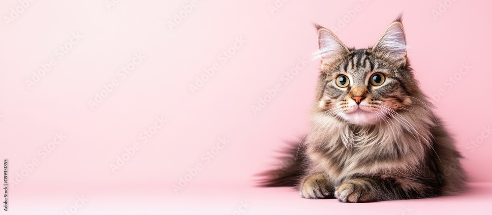 Poster american bobtail cat with fluffy fur on soft pink background cozy pet portrait with empty copy space
