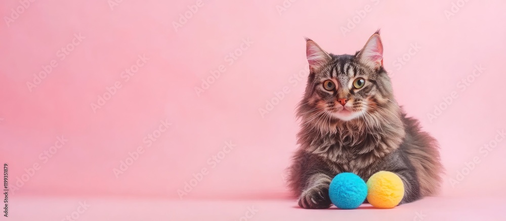 Poster fluffy american curl cat in soft light playing with blue and yellow toys on a pastel pink background
