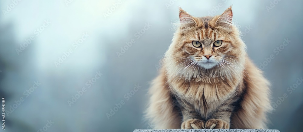 Poster fluffy orange alaskan cat sharpens claws on natural wood scratching post with misty blue-grey backgr