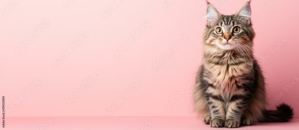 Poster fluffy american bobtail cat sitting on soft pink background with empty copy space for text displayin