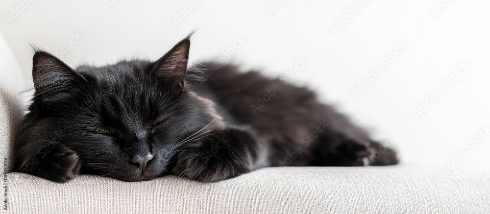 Poster black fluffy cat peacefully sleeping on soft cream-colored couch in bright living room with ample em