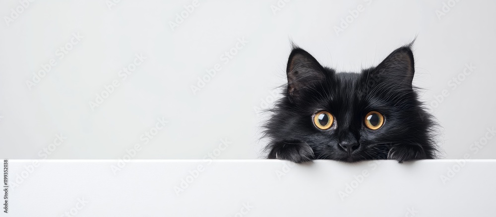Poster fluffy black cat with wide open eyes peeking over a white surface on soft light grey background stud