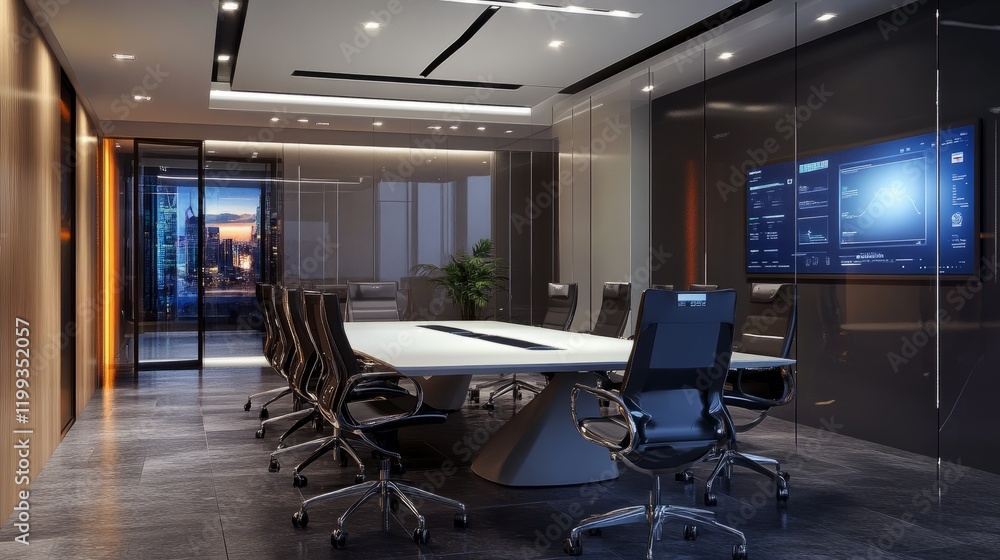 Poster 3d rendering of a futuristic command center, showcasing a conference room with advanced tech and a m