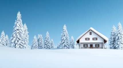 Snow-covered landscape with a cozy house amidst evergreen trees.