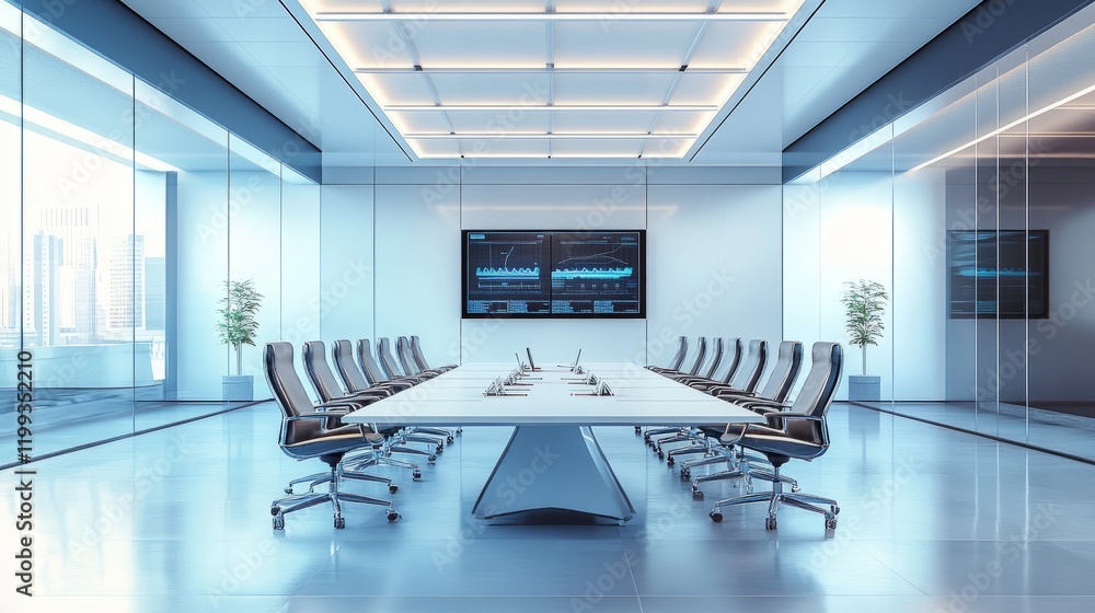 Aufkleber 3d rendering of a high-tech command center conference room, with a futuristic layout and modern desi