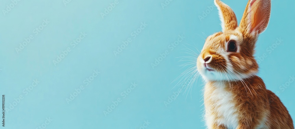 Poster fluffy brown and white domestic rabbit sitting on a soft blue background with ample empty space for 