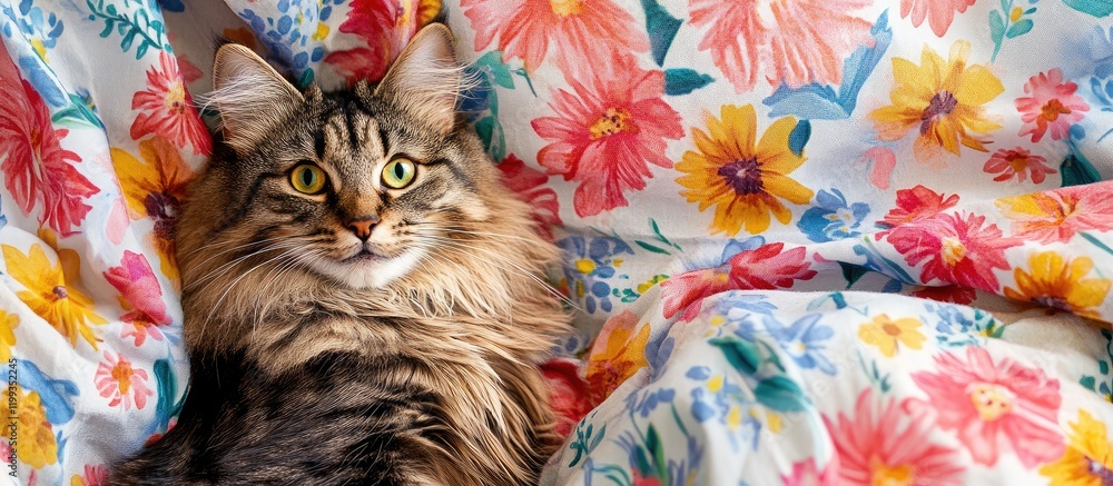 Poster fluffy brown cat with green eyes lounging on vibrant floral patterned bedspread in soft daylight wit