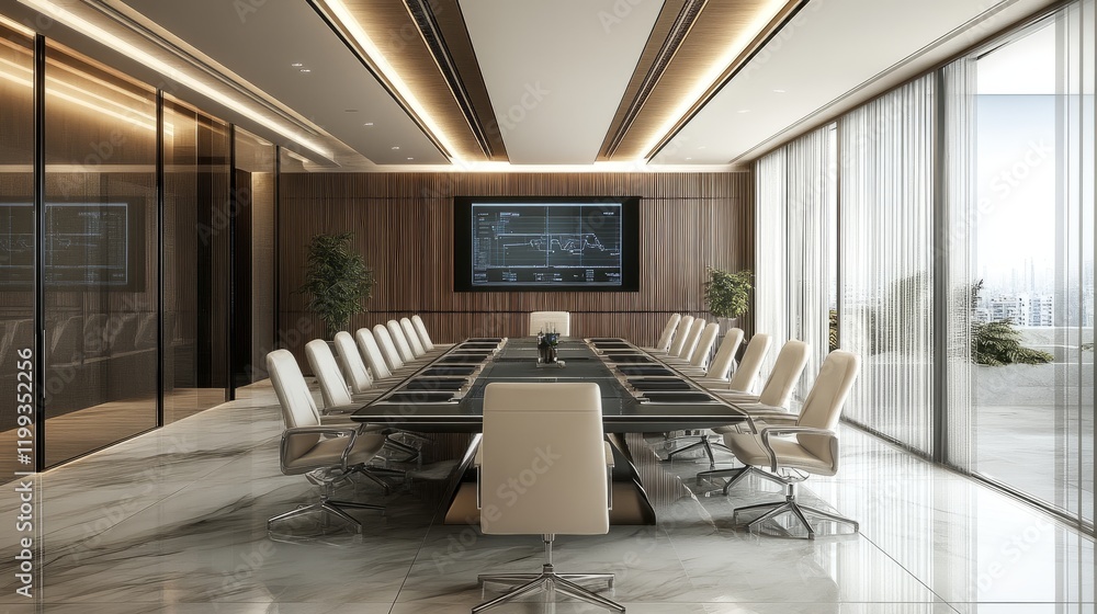 Aufkleber 3d rendering of a high-tech command center conference room, with a futuristic layout and modern desi