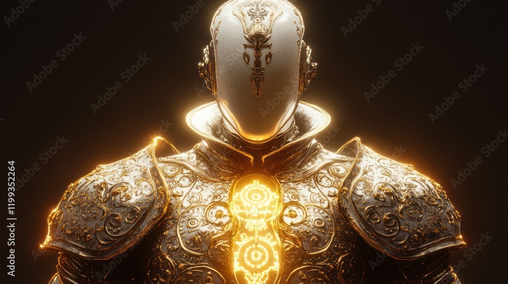 Poster exquisite armored figure with glowing elements stands against a dark backdrop showcasing intricate d
