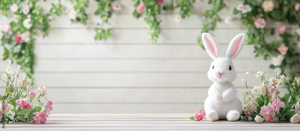 Poster fluffy white bunny on rustic wooden table surrounded by pastel flowers and lush greenery in soft spr