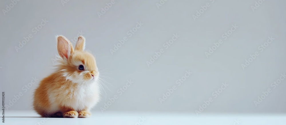 Poster playful fluffy brown bunny sitting on a light gray studio background with ample empty copy space for