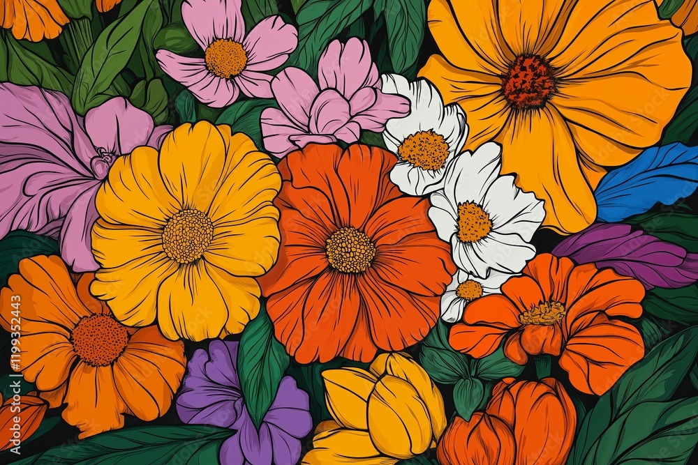 Wall mural A flower bouquet with thick black outlines and vibrant, clashing colors