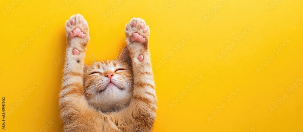 Poster fluffy ginger cat relaxing and cleaning paws on vibrant yellow background with ample empty space for
