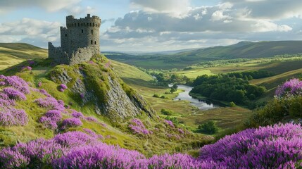 Scenic landscape featuring a castle amidst blooming flowers.