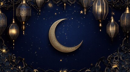 Elegant crescent moon and lanterns on starry night background Laylatul Qadr