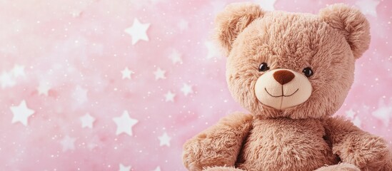 Fluffy brown teddy bear positioned centrally on a soft pink background adorned with white stars, featuring ample empty copy space for text.