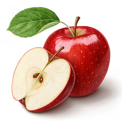 Red apple,red apple with slices and green leaves isolated on white background,Fresh red apples 