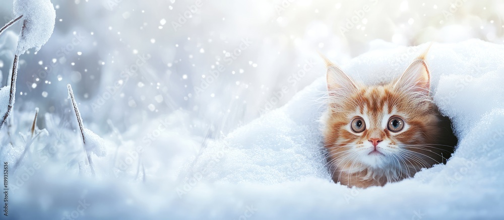 Poster ginger fluffy cat emerging from a snowy bunny hole in a winter meadow with soft snowflakes and empty