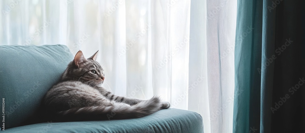 Poster cozy gray tabby cat relaxing on a turquoise sofa by a bright window with sheer curtains and empty sp