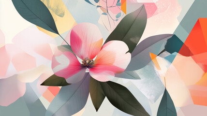 Abstract floral colorful composition of geometric elements and shapes, leaves and flowers. Great design for social media, postcards, print.