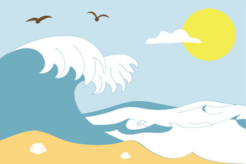 Sea waves, Vintage illustration of nature poster with sun