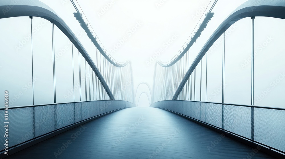 Poster misty morning view of a modern bridge extending into the foggy distance. generative ai