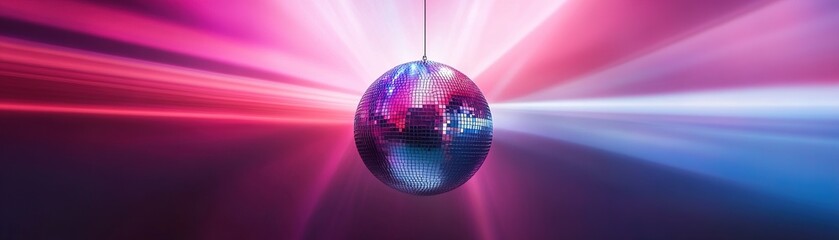 Fototapeta premium A shiny silver disco ball hangs in the center, reflecting colorful beams of pink, purple, and blue light against a dark gradient background. Perfect for presentations or events