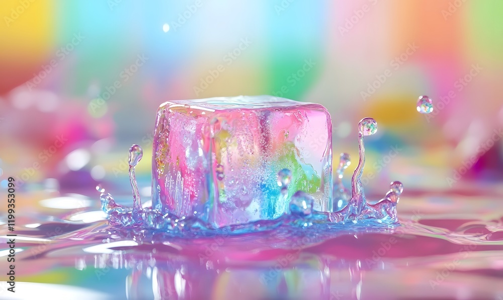 Poster Iridescent ice cube splashing in colorful liquid.