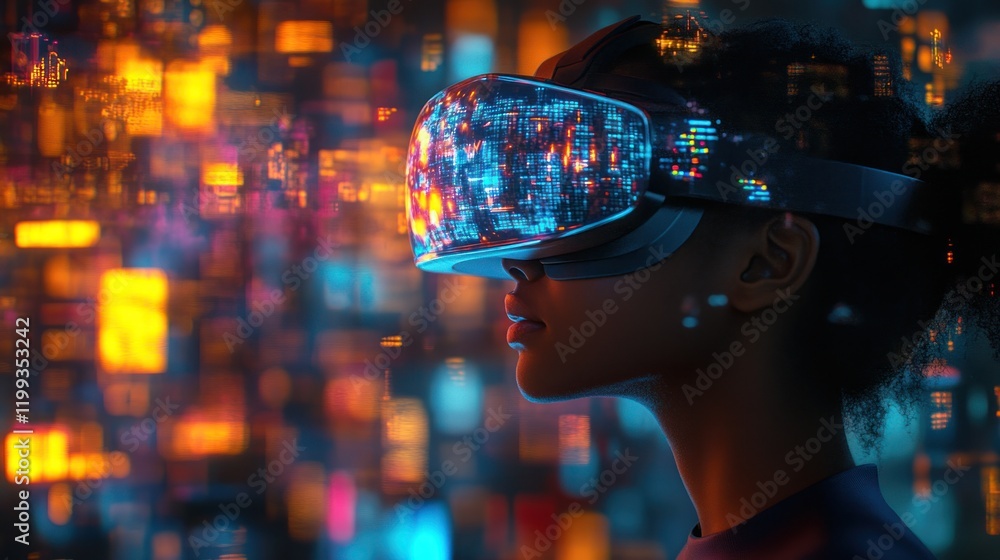 Poster virtual reality exploration in an immersive digital environment with vibrant visuals. generative ai